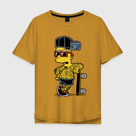 Мужская футболка хлопок Oversize с принтом Скейтер Барт Симпсон весь в татухах в Кировске, 100% хлопок | свободный крой, круглый ворот, “спинка” длиннее передней части | 