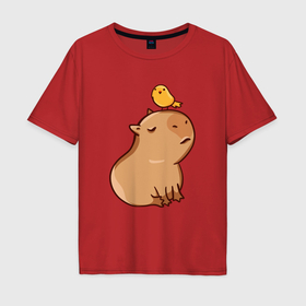 Мужская футболка хлопок Oversize с принтом Милая Капибара и птичка , 100% хлопок | свободный крой, круглый ворот, “спинка” длиннее передней части | 