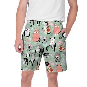 Мужские шорты 3D с принтом Веселые кошки в Санкт-Петербурге,  полиэстер 100% | прямой крой, два кармана без застежек по бокам. Мягкая трикотажная резинка на поясе, внутри которой широкие завязки. Длина чуть выше колен | 