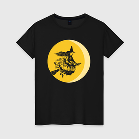 Женская футболка хлопок с принтом Средневековая ведьма на фоне Луны , 100% хлопок | прямой крой, круглый вырез горловины, длина до линии бедер, слегка спущенное плечо | 