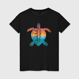 Женская футболка хлопок с принтом Закат на море черепаха , 100% хлопок | прямой крой, круглый вырез горловины, длина до линии бедер, слегка спущенное плечо | 