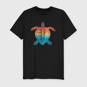Мужская футболка хлопок Slim с принтом Закат на море черепаха в Санкт-Петербурге, 92% хлопок, 8% лайкра | приталенный силуэт, круглый вырез ворота, длина до линии бедра, короткий рукав | 