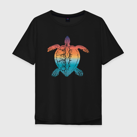 Мужская футболка хлопок Oversize с принтом Закат на море черепаха в Екатеринбурге, 100% хлопок | свободный крой, круглый ворот, “спинка” длиннее передней части | 