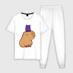 Мужская пижама хлопок с принтом Капибара и котик в Екатеринбурге, 100% хлопок | брюки и футболка прямого кроя, без карманов, на брюках мягкая резинка на поясе и по низу штанин
 | 