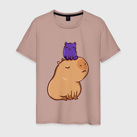 Мужская футболка хлопок с принтом Капибара и котик в Белгороде, 100% хлопок | прямой крой, круглый вырез горловины, длина до линии бедер, слегка спущенное плечо. | 