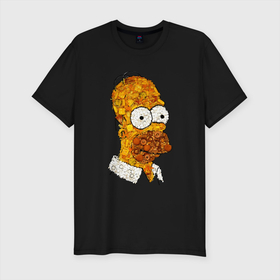 Мужская футболка хлопок Slim с принтом Портрет Гомера Симпсона из продуктов политых горчицей в Курске, 92% хлопок, 8% лайкра | приталенный силуэт, круглый вырез ворота, длина до линии бедра, короткий рукав | 