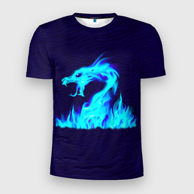 Мужская футболка 3D Slim с принтом Огненный голубой дракон в Новосибирске, 100% полиэстер с улучшенными характеристиками | приталенный силуэт, круглая горловина, широкие плечи, сужается к линии бедра | Тематика изображения на принте: 