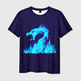 Мужская футболка 3D с принтом Огненный голубой дракон в Новосибирске, 100% полиэфир | прямой крой, круглый вырез горловины, длина до линии бедер | 