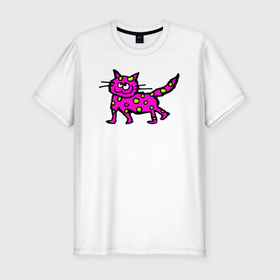 Мужская футболка хлопок Slim с принтом Розовый кот с зелеными пятнами в Кировске, 92% хлопок, 8% лайкра | приталенный силуэт, круглый вырез ворота, длина до линии бедра, короткий рукав | 