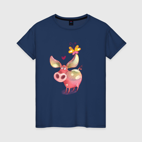 Женская футболка хлопок с принтом Свинка с бабочкой , 100% хлопок | прямой крой, круглый вырез горловины, длина до линии бедер, слегка спущенное плечо | 