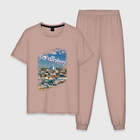 Мужская пижама хлопок с принтом Санкт Петербург. Панорама. в Тюмени, 100% хлопок | брюки и футболка прямого кроя, без карманов, на брюках мягкая резинка на поясе и по низу штанин
 | 
