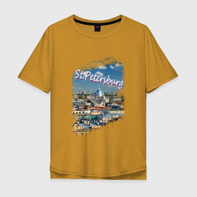 Мужская футболка хлопок Oversize с принтом Санкт Петербург. Панорама. в Тюмени, 100% хлопок | свободный крой, круглый ворот, “спинка” длиннее передней части | 