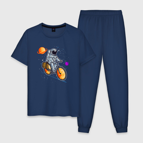 Мужская пижама хлопок с принтом Космонавт едет на велосипеде , 100% хлопок | брюки и футболка прямого кроя, без карманов, на брюках мягкая резинка на поясе и по низу штанин
 | Тематика изображения на принте: 