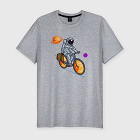 Мужская футболка хлопок Slim с принтом Космонавт едет на велосипеде в Петрозаводске, 92% хлопок, 8% лайкра | приталенный силуэт, круглый вырез ворота, длина до линии бедра, короткий рукав | 