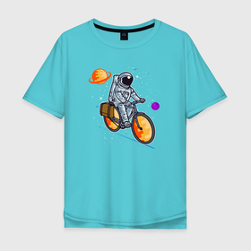Мужская футболка хлопок Oversize с принтом Космонавт едет на велосипеде , 100% хлопок | свободный крой, круглый ворот, “спинка” длиннее передней части | Тематика изображения на принте: 
