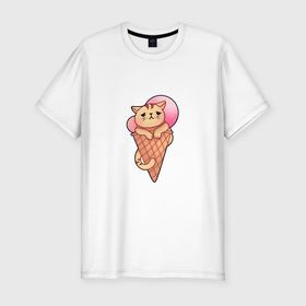 Мужская футболка хлопок Slim с принтом Ванильный котик с клубничным мороженым в Тюмени, 92% хлопок, 8% лайкра | приталенный силуэт, круглый вырез ворота, длина до линии бедра, короткий рукав | Тематика изображения на принте: 