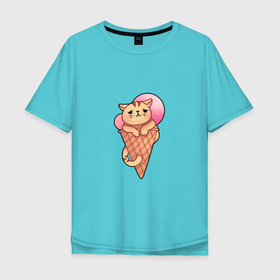 Мужская футболка хлопок Oversize с принтом Ванильный котик с клубничным мороженым в Тюмени, 100% хлопок | свободный крой, круглый ворот, “спинка” длиннее передней части | Тематика изображения на принте: 