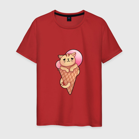 Мужская футболка хлопок с принтом Ванильный котик с клубничным мороженым в Курске, 100% хлопок | прямой крой, круглый вырез горловины, длина до линии бедер, слегка спущенное плечо. | 