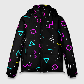 Мужская зимняя куртка 3D с принтом Colored neon geometric shapes в Кировске, верх — 100% полиэстер; подкладка — 100% полиэстер; утеплитель — 100% полиэстер | длина ниже бедра, свободный силуэт Оверсайз. Есть воротник-стойка, отстегивающийся капюшон и ветрозащитная планка. 

Боковые карманы с листочкой на кнопках и внутренний карман на молнии. | 
