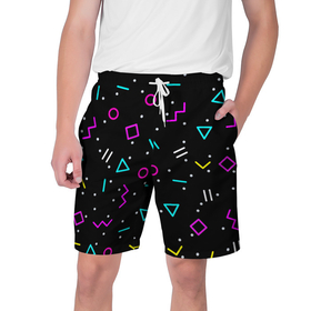 Мужские шорты 3D с принтом Colored neon geometric shapes ,  полиэстер 100% | прямой крой, два кармана без застежек по бокам. Мягкая трикотажная резинка на поясе, внутри которой широкие завязки. Длина чуть выше колен | 