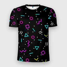 Мужская футболка 3D Slim с принтом Colored neon geometric shapes в Белгороде, 100% полиэстер с улучшенными характеристиками | приталенный силуэт, круглая горловина, широкие плечи, сужается к линии бедра | Тематика изображения на принте: 