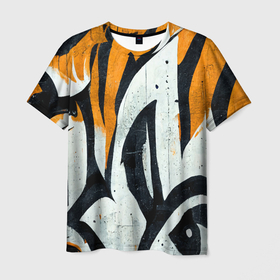 Мужская футболка 3D с принтом Тигриный камуфляж в стиле граффити в Тюмени, 100% полиэфир | прямой крой, круглый вырез горловины, длина до линии бедер | Тематика изображения на принте: 