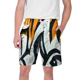Мужские шорты 3D с принтом Тигриный камуфляж в стиле граффити в Тюмени,  полиэстер 100% | прямой крой, два кармана без застежек по бокам. Мягкая трикотажная резинка на поясе, внутри которой широкие завязки. Длина чуть выше колен | 