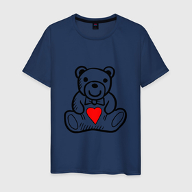 Мужская футболка хлопок с принтом Плюшевый Миша с сердечком , 100% хлопок | прямой крой, круглый вырез горловины, длина до линии бедер, слегка спущенное плечо. | 