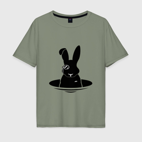 Мужская футболка хлопок Oversize с принтом Кролик с моноклем в Новосибирске, 100% хлопок | свободный крой, круглый ворот, “спинка” длиннее передней части | 