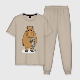 Мужская пижама хлопок с принтом Капибара держит котёнка   друзья , 100% хлопок | брюки и футболка прямого кроя, без карманов, на брюках мягкая резинка на поясе и по низу штанин
 | 