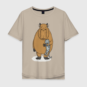 Мужская футболка хлопок Oversize с принтом Капибара держит котёнка   друзья , 100% хлопок | свободный крой, круглый ворот, “спинка” длиннее передней части | 