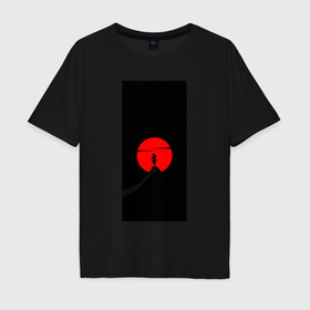 Мужская футболка хлопок Oversize с принтом Кровавая луна самурая в Белгороде, 100% хлопок | свободный крой, круглый ворот, “спинка” длиннее передней части | 