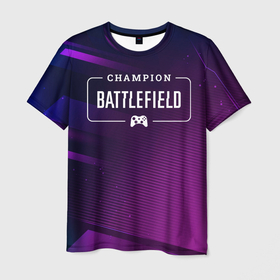 Мужская футболка 3D с принтом Battlefield gaming champion: рамка с лого и джойстиком на неоновом фоне , 100% полиэфир | прямой крой, круглый вырез горловины, длина до линии бедер | 