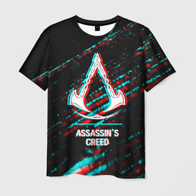 Мужская футболка 3D с принтом Assassins Creed в стиле glitch и баги графики на темном фоне в Новосибирске, 100% полиэфир | прямой крой, круглый вырез горловины, длина до линии бедер | Тематика изображения на принте: 