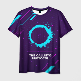 Мужская футболка 3D с принтом Символ The Callisto Protocol в неоновых цветах на темном фоне в Санкт-Петербурге, 100% полиэфир | прямой крой, круглый вырез горловины, длина до линии бедер | Тематика изображения на принте: 