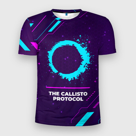 Мужская футболка 3D Slim с принтом Символ The Callisto Protocol в неоновых цветах на темном фоне в Санкт-Петербурге, 100% полиэстер с улучшенными характеристиками | приталенный силуэт, круглая горловина, широкие плечи, сужается к линии бедра | Тематика изображения на принте: 