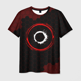 Мужская футболка 3D с принтом Символ The Callisto Protocol и краска вокруг на темном фоне в Тюмени, 100% полиэфир | прямой крой, круглый вырез горловины, длина до линии бедер | 