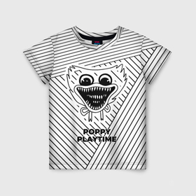 Детская футболка 3D с принтом Символ Poppy Playtime на светлом фоне с полосами , 100% гипоаллергенный полиэфир | прямой крой, круглый вырез горловины, длина до линии бедер, чуть спущенное плечо, ткань немного тянется | 