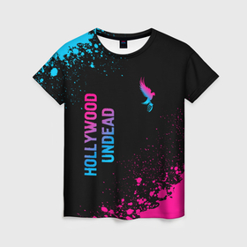 Женская футболка 3D с принтом Hollywood Undead   neon gradient: символ и надпись вертикально в Белгороде, 100% полиэфир ( синтетическое хлопкоподобное полотно) | прямой крой, круглый вырез горловины, длина до линии бедер | 