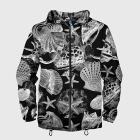 Мужская ветровка 3D с принтом Композиция из ракушек, кораллов и морских звёзд в Екатеринбурге, 100% полиэстер | подол и капюшон оформлены резинкой с фиксаторами, два кармана без застежек по бокам, один потайной карман на груди | 