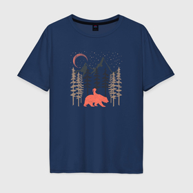 Мужская футболка хлопок Oversize с принтом Девочка, медведь, деревья и звёзды в Петрозаводске, 100% хлопок | свободный крой, круглый ворот, “спинка” длиннее передней части | Тематика изображения на принте: 