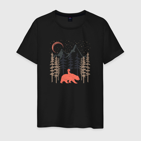 Мужская футболка хлопок с принтом Девочка, медведь, деревья и звёзды в Кировске, 100% хлопок | прямой крой, круглый вырез горловины, длина до линии бедер, слегка спущенное плечо. | 