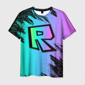 Мужская футболка 3D с принтом Roblox neon logo , 100% полиэфир | прямой крой, круглый вырез горловины, длина до линии бедер | 