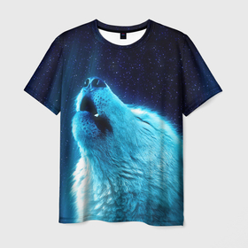 Мужская футболка 3D с принтом Волк воет ну зимнее ночное небо , 100% полиэфир | прямой крой, круглый вырез горловины, длина до линии бедер | Тематика изображения на принте: 