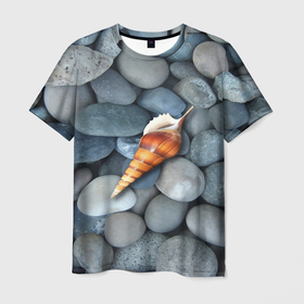 Мужская футболка 3D с принтом Одинокая ракушка среди морских камней в Новосибирске, 100% полиэфир | прямой крой, круглый вырез горловины, длина до линии бедер | Тематика изображения на принте: 