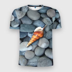 Мужская футболка 3D Slim с принтом Одинокая ракушка среди морских камней в Новосибирске, 100% полиэстер с улучшенными характеристиками | приталенный силуэт, круглая горловина, широкие плечи, сужается к линии бедра | Тематика изображения на принте: 