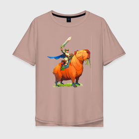 Мужская футболка хлопок Oversize с принтом Рыцарь лягушёнок на спине капибары в Тюмени, 100% хлопок | свободный крой, круглый ворот, “спинка” длиннее передней части | Тематика изображения на принте: 