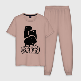 Мужская пижама хлопок с принтом Троица капибар   эмблема в Петрозаводске, 100% хлопок | брюки и футболка прямого кроя, без карманов, на брюках мягкая резинка на поясе и по низу штанин
 | 
