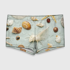 Мужские купальные плавки 3D с принтом Океанские ракушки и морские звёзды на песке , Полиэстер 85%, Спандекс 15% |  | Тематика изображения на принте: 