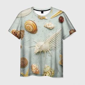 Мужская футболка 3D с принтом Океанские ракушки и морские звёзды на песке в Новосибирске, 100% полиэфир | прямой крой, круглый вырез горловины, длина до линии бедер | 